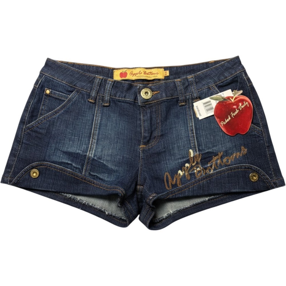 VTG Apple Bottoms Dark Wash Denim Shorts Gold Sequin Logo Y2K Low Rise Size 7/8